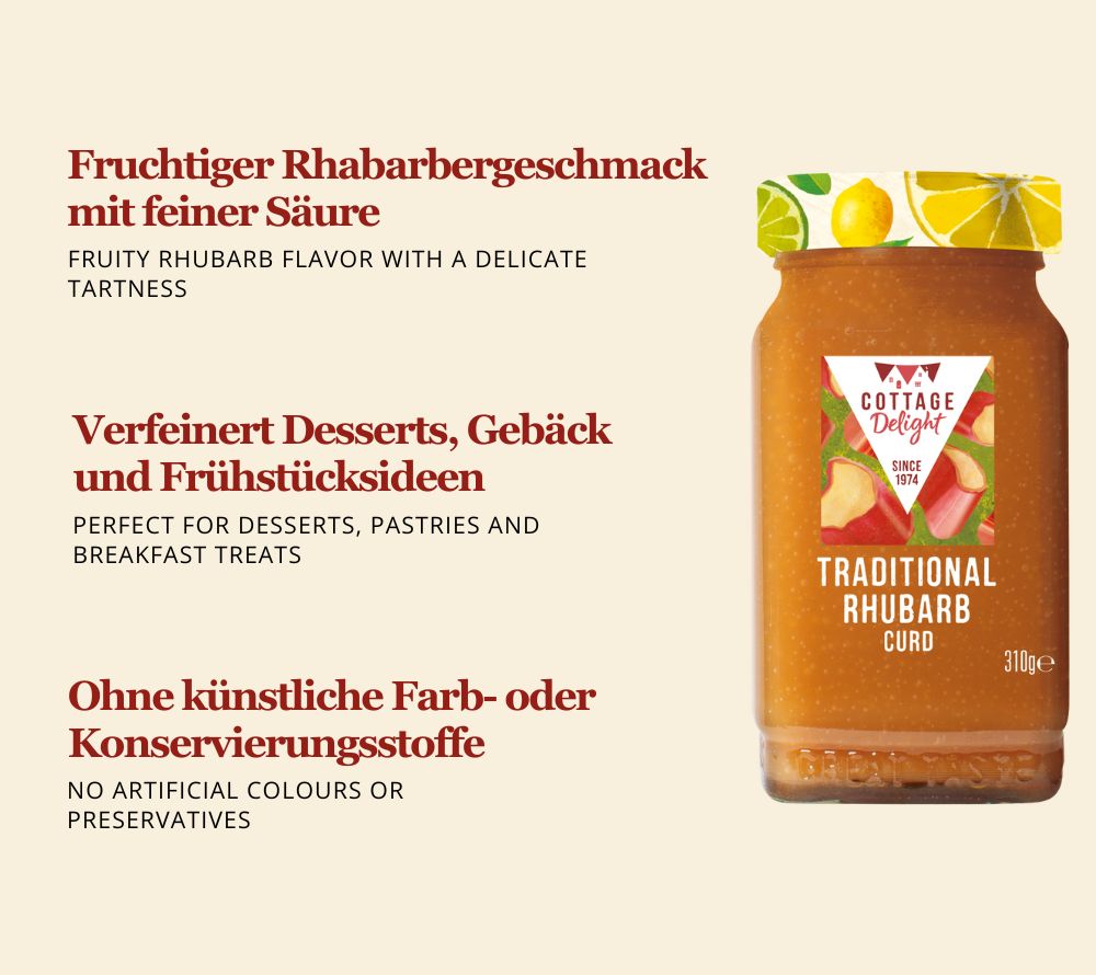 Traditional Rhubarb Curd von Cottage Delight – cremiger Rhabarber-Curd mit Butter, fruchtig-herb & handgemacht. Ideal für Frühstück & Feinkost.