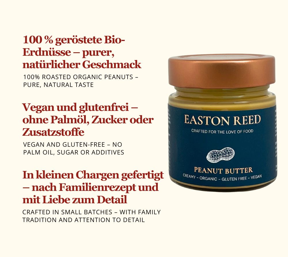 Easton Reed Peanut Butter online bei Ryan's Specialties B2B kaufen: 100 % Bio-Erdnüsse, cremiger Genuss, vegan & glutenfrei – purer Geschmack für Feinschmecker.