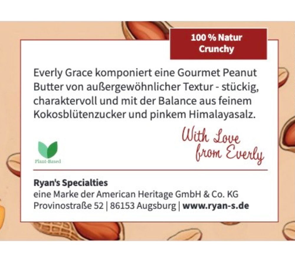 Peanut Butter, knackigen Erdnussstücken, feinem Kokosblütenzucker & pinkem Himalayasalz | 100 % pflanzlich & ohne Palmöl | Europaweiter Versand | Jetzt bestellen!