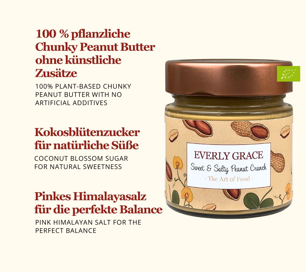 Peanut Butter, knackigen Erdnussstücken, feinem Kokosblütenzucker & pinkem Himalayasalz | 100 % pflanzlich & ohne Palmöl | Europaweiter Versand | Jetzt bestellen!