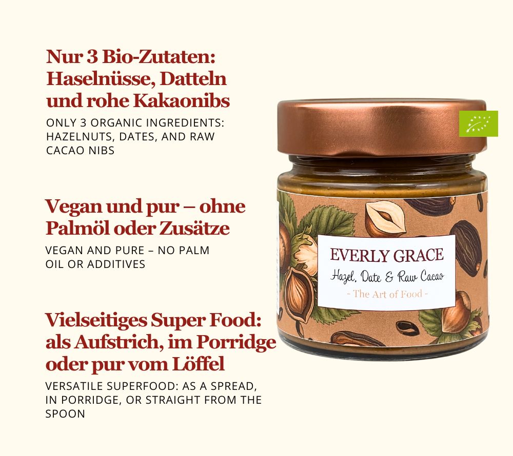 Geröstete Bio-Haselnüsse, Datteln & rohe Kakaonibs | vegan, ohne Palmöl, ohne Zuckerzusatz | Als Aufstrich, in Bowls & Smoothies | Europaweiter Versand | Jetzt bestellen!