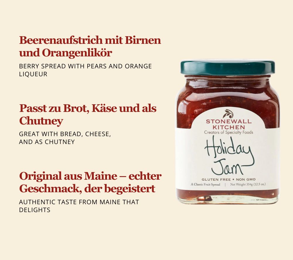 Stonewall Kitchen Holiday Jam Geschenkbox – festlicher Fruchtaufstrich mit Orangenlikör. Jetzt im Weihnachtssortiment bei Ryan’s Specialties B2B bestellen!