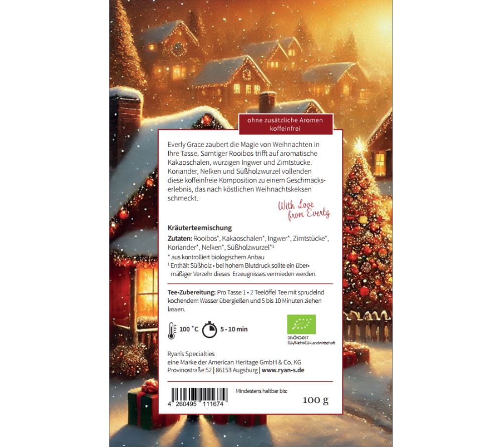 Everly Grace Christmas Cookies Tea – Bio-Rooibus mit Zimt, Ingwer & Nelken. Koffeinfrei, natürlich süß & perfekt für gemütliche Wintermomente.