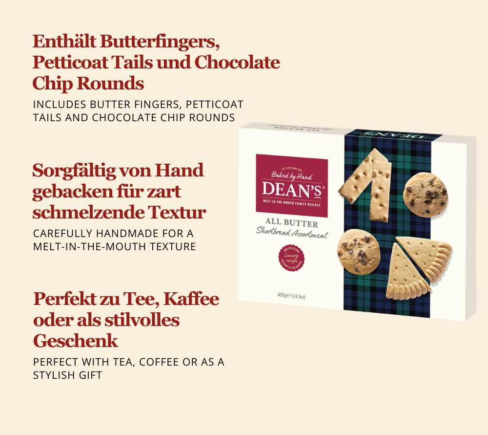 Dean’s All Butter Shortbread Assortment: Handgefertigte Shortbreads in drei Sorten – zart, buttrig und perfekt für Tee, Kaffee oder als feines Geschenk
