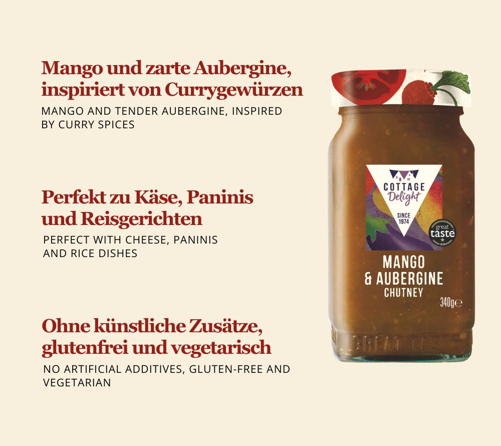 Fruchtig-würziges Mango & Aubergine Chutney von Cottage Delight. Ausgezeichnet mit Great Taste Award 2024. Vielseitig, glutenfrei und ideal für Feinkostsortimente.