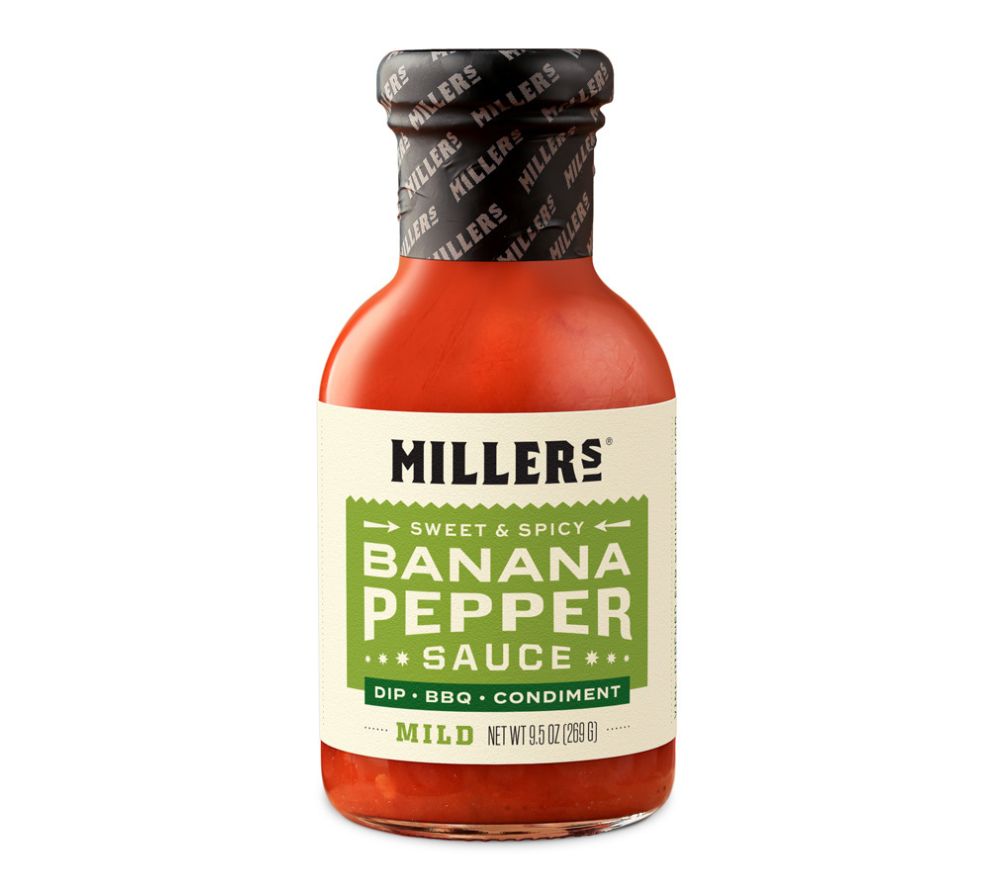Banana Pepper Mild Sauce von Miller’s kaufen – süß-würzige Pfeffersauce mit milder Schärfe & mehrfach prämiert. Ideal für BBQ, Burger, Käse & Geschenke.