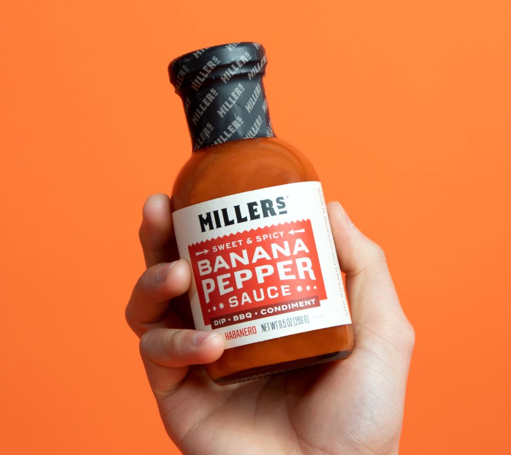Banana Pepper Habanero Sauce von Miller’s kaufen – scharf-süße Pfeffersauce mit Habanero & Scovie™-Auszeichnung. Ideal für BBQ, Tex-Mex & Chili-Liebhaber.