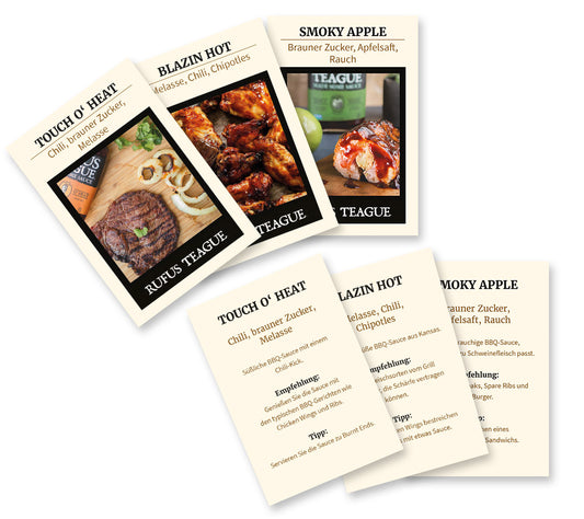 Rufus Teague Sauces Cards von ryan-s.eu kaufen | Aufstellkärtchen mit Informationen | Für unsere BBQ-Saucen von Rufus Teague
