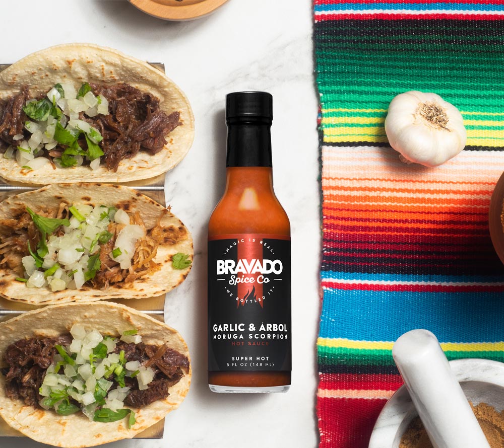 Garlic & Arbol Morgua Scorpion Hot Sauce von Bravado Spice Co kaufen | feurig, aromatisch, fruchtig | Ideal als Fleischwürze, Pizza-Topping