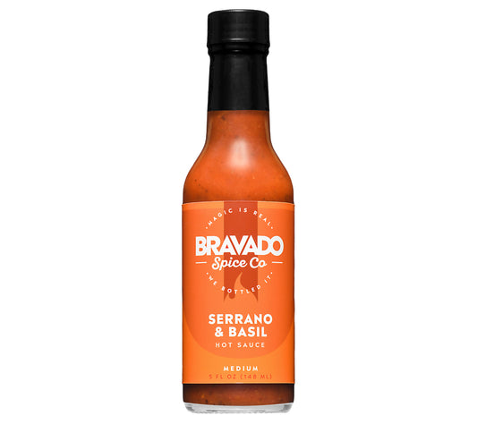 Serrano & Basil Hot Sauce von Bravado Spice Co kaufen | mild, aromatisch, vielseitig | Ideal als Pizza-Würze, Pasta-Soße, Tacos