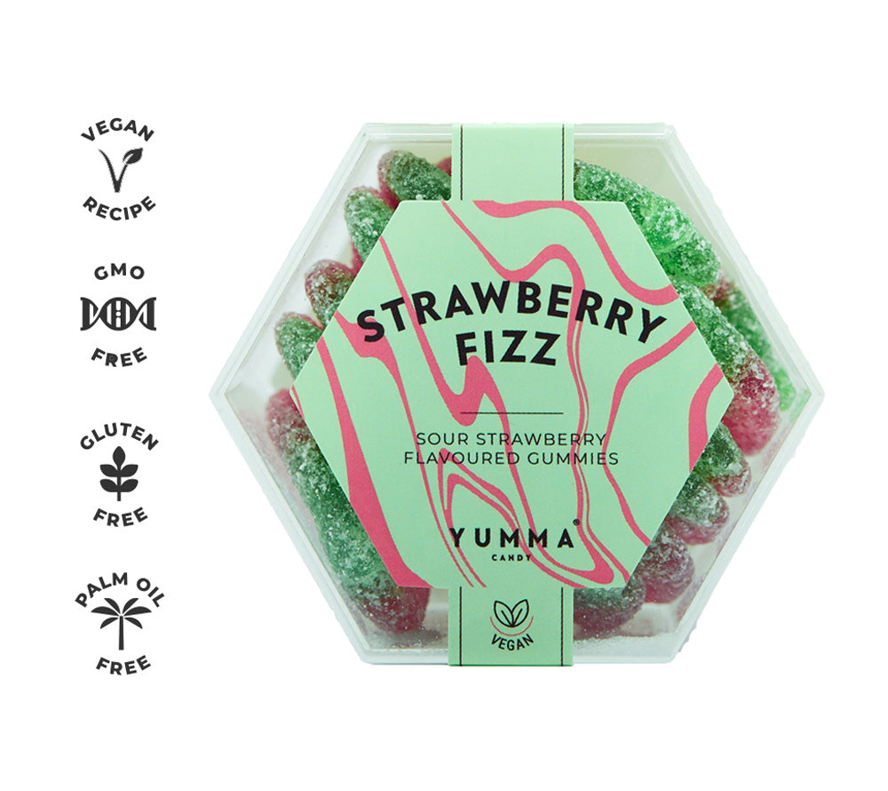 Strawberry Fizz Hexagon Box von Yumma Candy kaufen | spritzig, süß, vegan | Ideal als Nascherei, Snack, Geschenk | EU-weiter Versand