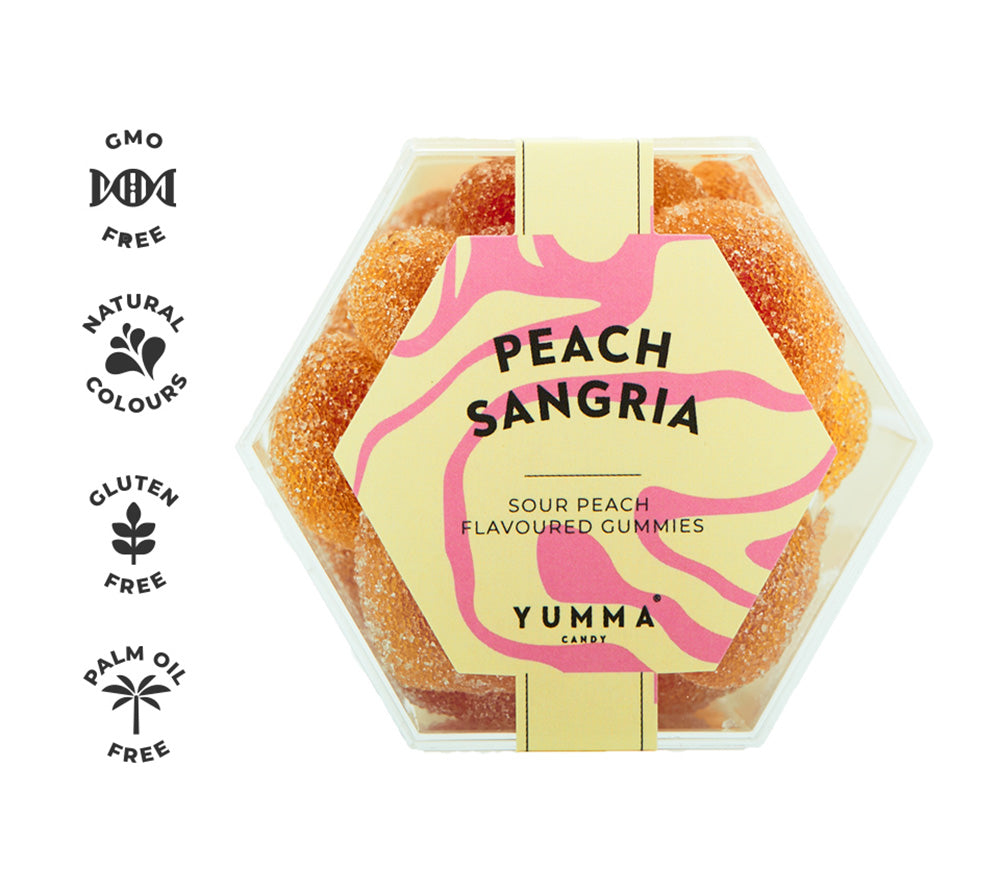 Peach Sangria Hexagon Box von Yumma Candy kaufen | fruchtig, sauer | Ideal als Snack, Cocktail-Alternative, Geschenk | EU-weiter Versand