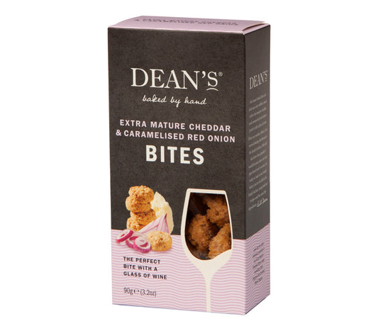 Extra Mature Cheddar & Carmelised Red Onion Bites von Dean's kaufen | würzig, käsig, karamellisiert | Ideal als Canapés, Weinbegleitung, Snack | EU-weiter Versand