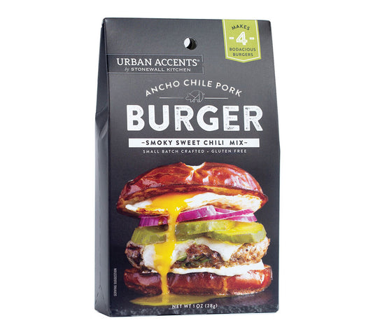 Urban Accent Ancho Chile Pork Burger Spice Mix von Stonewall Kitchen kaufen | Rauchig, würzig, süß. | Ideal zu Burgern und Fleisch | EU-weiter Versand