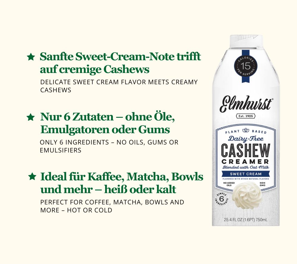 Pflanzlicher Cashew-Creamer | Frei von Emulgatoren, Ölen & künstlichen Zusätzen | 100 % vegan, Non-GMO & koscher | Europaweiter Versand | Jetzt entdecken!