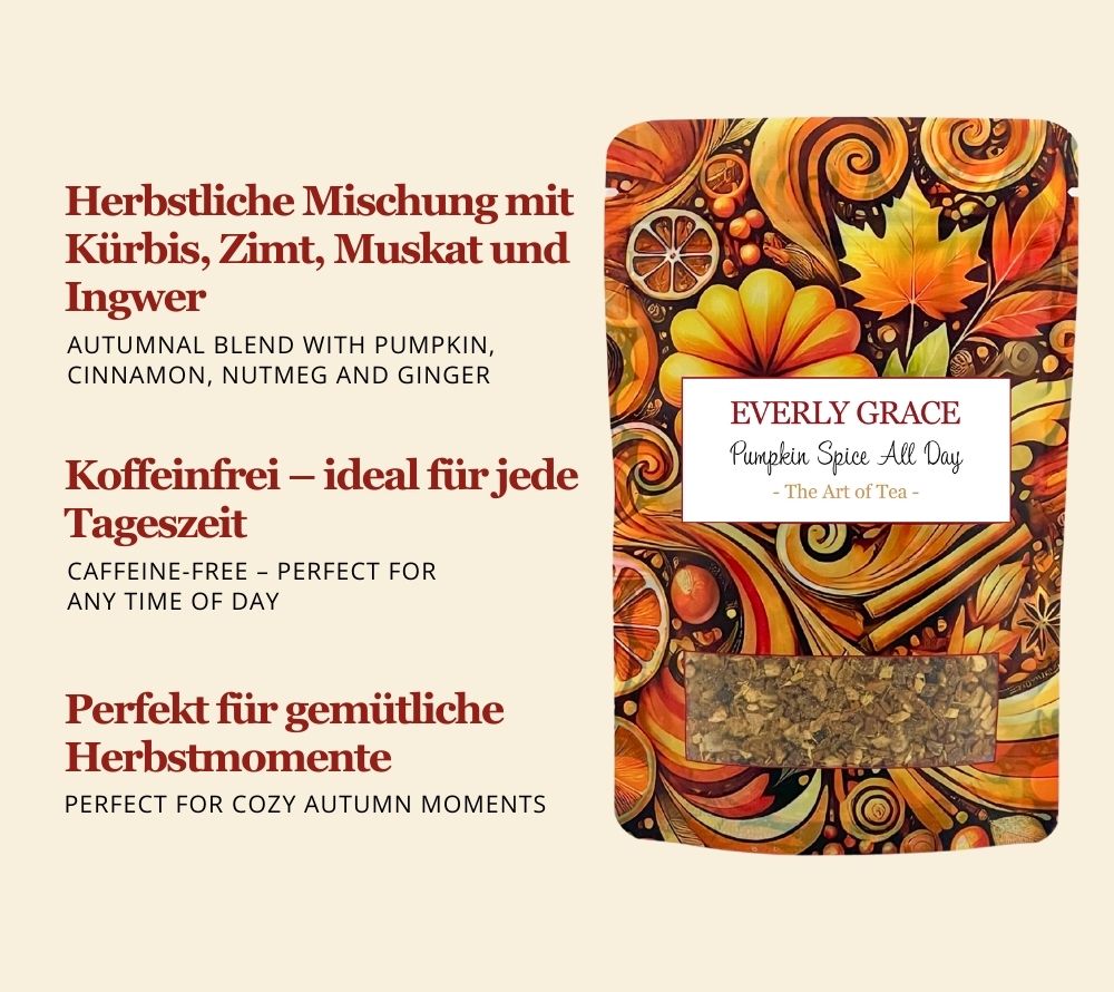 Koffeinfreier Pumpkin Spice Tee mit Kürbis, Zimt, Muskat & Ingwer. Wohlig-warm, vielseitig und ideal für gemütliche Herbstmomente – all day long.