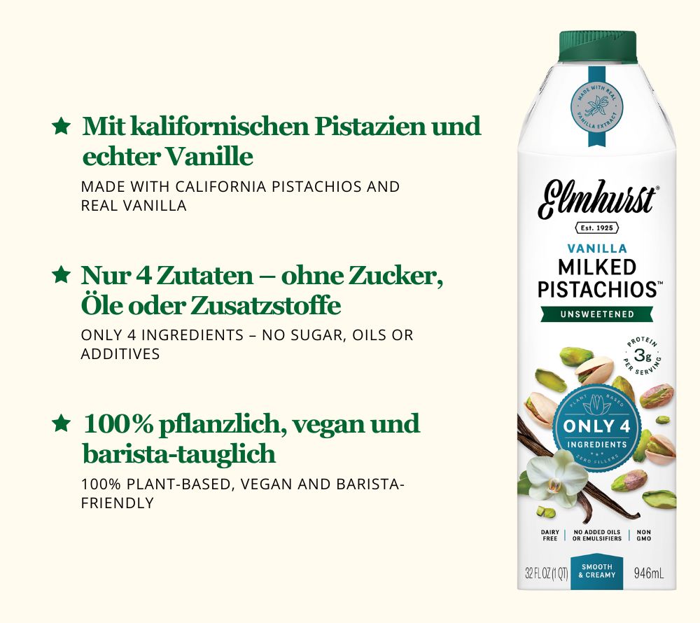 Pistazien treffen auf feine Tahiti-Vanille | Vegan, glutenfrei, ohne Gentechnik | Mit 3 g pflanzlichem Protein pro Glas | Europaweiter Versand | Jetzt bestellen!