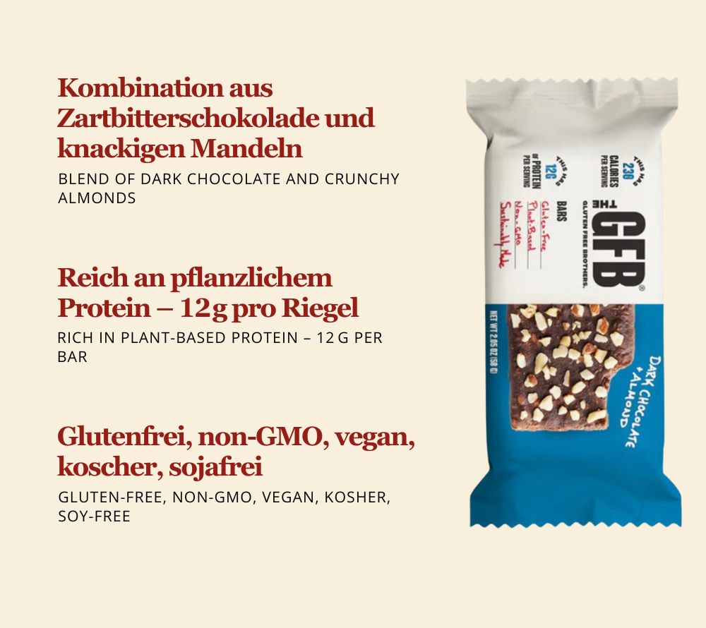 Dark Chocolate Almond Bar – pflanzlicher Proteinriegel mit Mandeln & Zartbitterschokolade. Vegan, glutenfrei & perfekt für bewusste Kund:innen.
