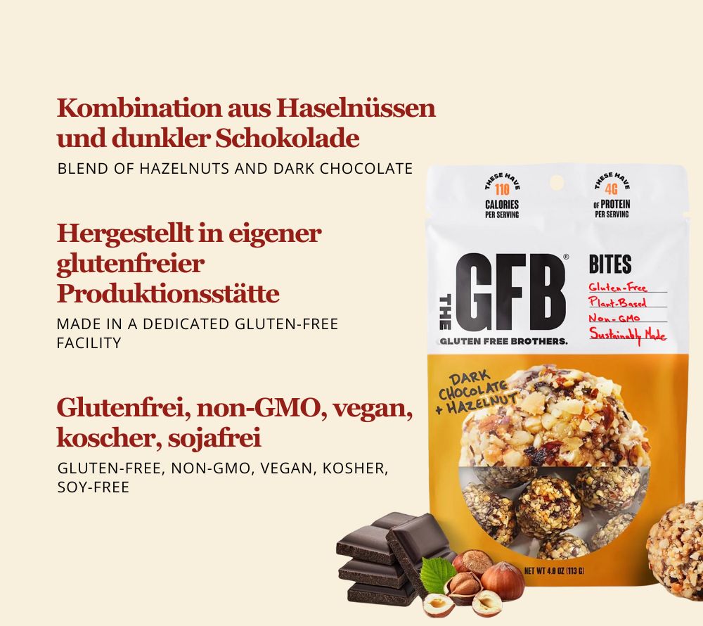 Dark Chocolate Hazelnut Bites – veganer Protein-Snack mit Haselnüssen & Zartbitterschokolade. Glutenfrei & nachhaltig produziert.