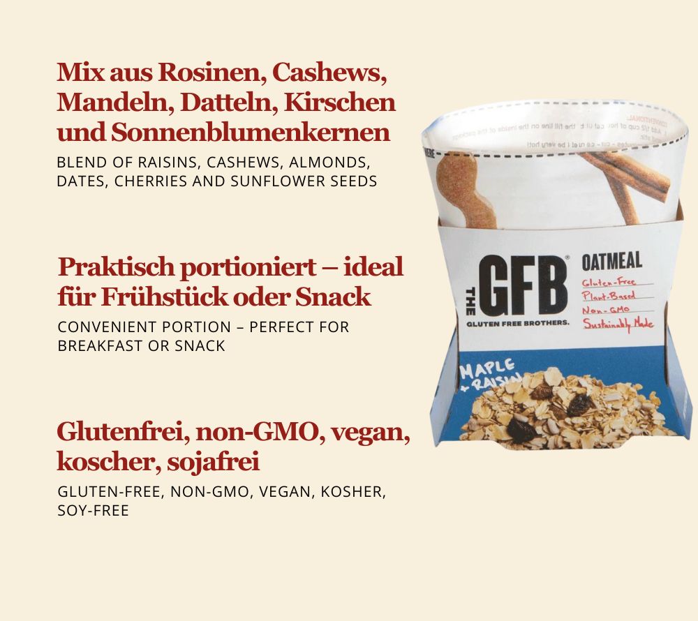 Maple Raisin Oatmeal – glutenfrei, vegan & natürlich süß. Mit Rosinen & Ahornsirup für ein ausgewogenes Frühstück mit Genuss und Energie.