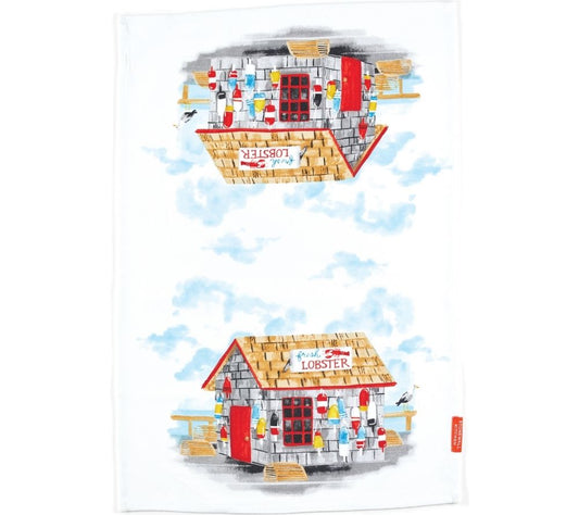 Lobster Shack Towel von Stonewall Kitchen kaufen | Geschirrtuch mit Hummerhütte, die mit bunten Bojen bedeckt ist | 100 % Baumwolle