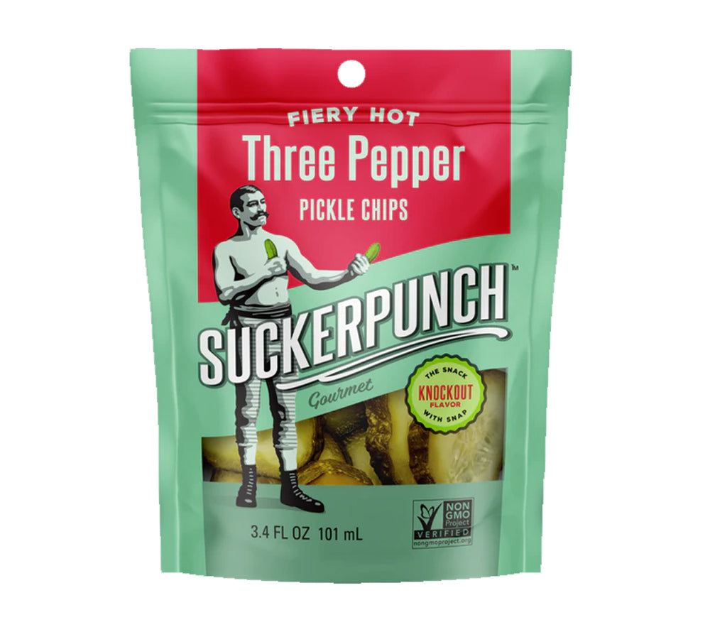 Three Pepper Pickle Chips Snack Pack von SuckerPunch Gourmet kaufen | würzig, scharf, kräftig | Ideal für Snacks, Sandwiches und Käseplatten
