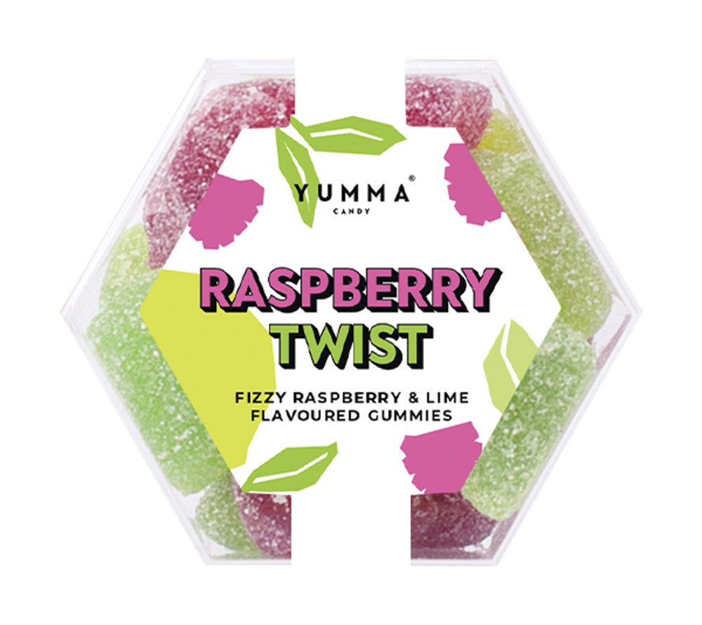 Raspberry Twist Hexagon Box von Yumma Candy kaufen | hochwertige, vegane Zutaten | Premium-Verpackung - Blickfang in Ihrem Regal