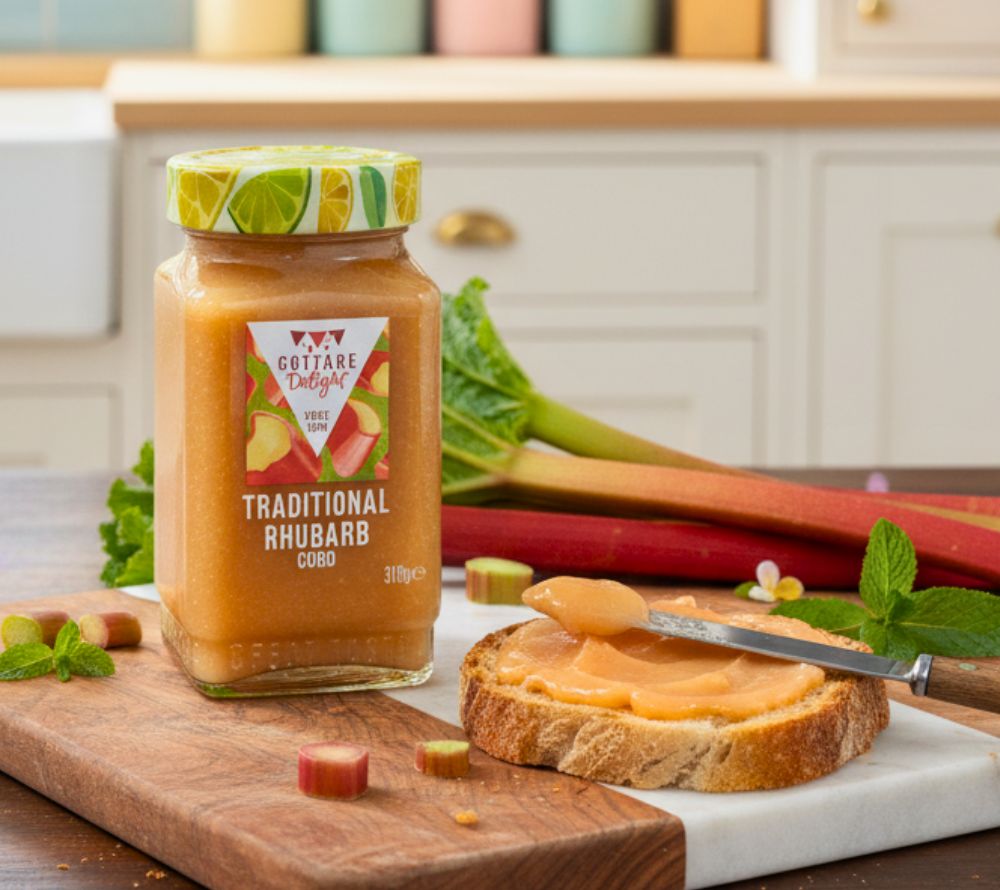 Traditional Rhubarb Curd von Cottage Delight – cremiger Rhabarber-Curd mit Butter, fruchtig-herb & handgemacht. Ideal für Frühstück & Feinkost.