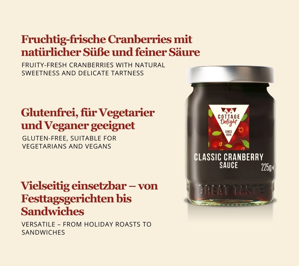 Classic Cranberry Sauce von Cottage Delight, fruchtig und handgemacht in England, ideal zu Fleisch, Käse und Sandwiches