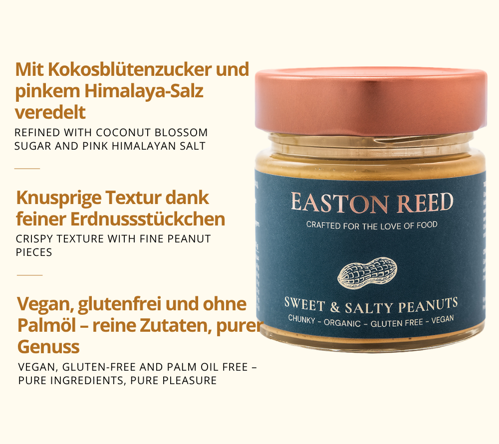 Sweet & Salty Peanuts als Freistellerbild mit jeweils 3 Fakten auf deutsch und auf englisch