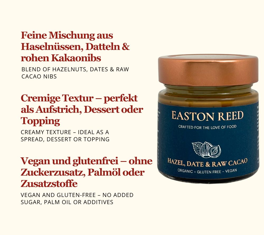 Easton Reed Hazel, Date & Raw Cacao – nussig, schokoladig & vegan. Bei Ryan's Specialties B2B online bestellen und natürlichen Gourmet-Genuss kaufen.