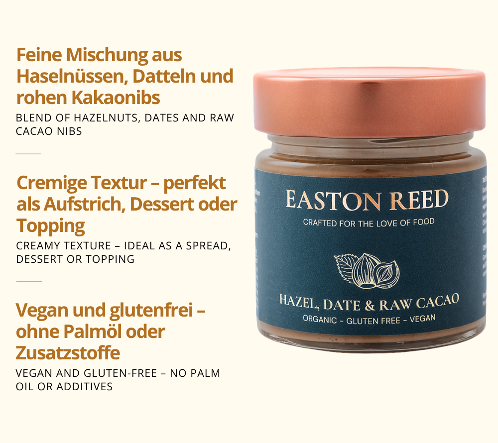 Hazel, Date & Raw Cacao als Freistellerbild mit jeweils 3 Fakten auf deutsch und auf englisch