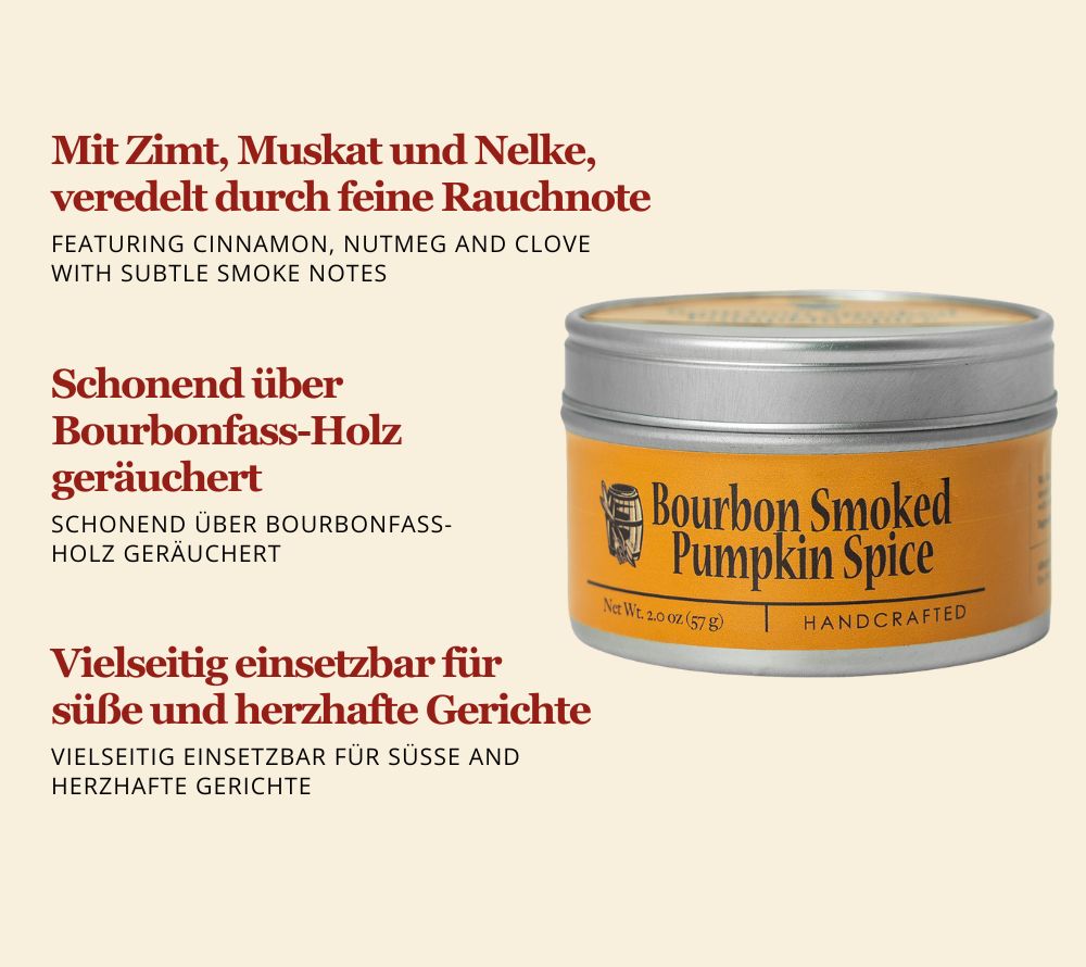 Bourbon Smoked Pumpkin Spice: Klassische Gewürze mit feiner Rauchnote. Ideal für Desserts, Kaffee & herzhafte Herbstgerichte mit besonderem Twist. Jetzt kaufen!