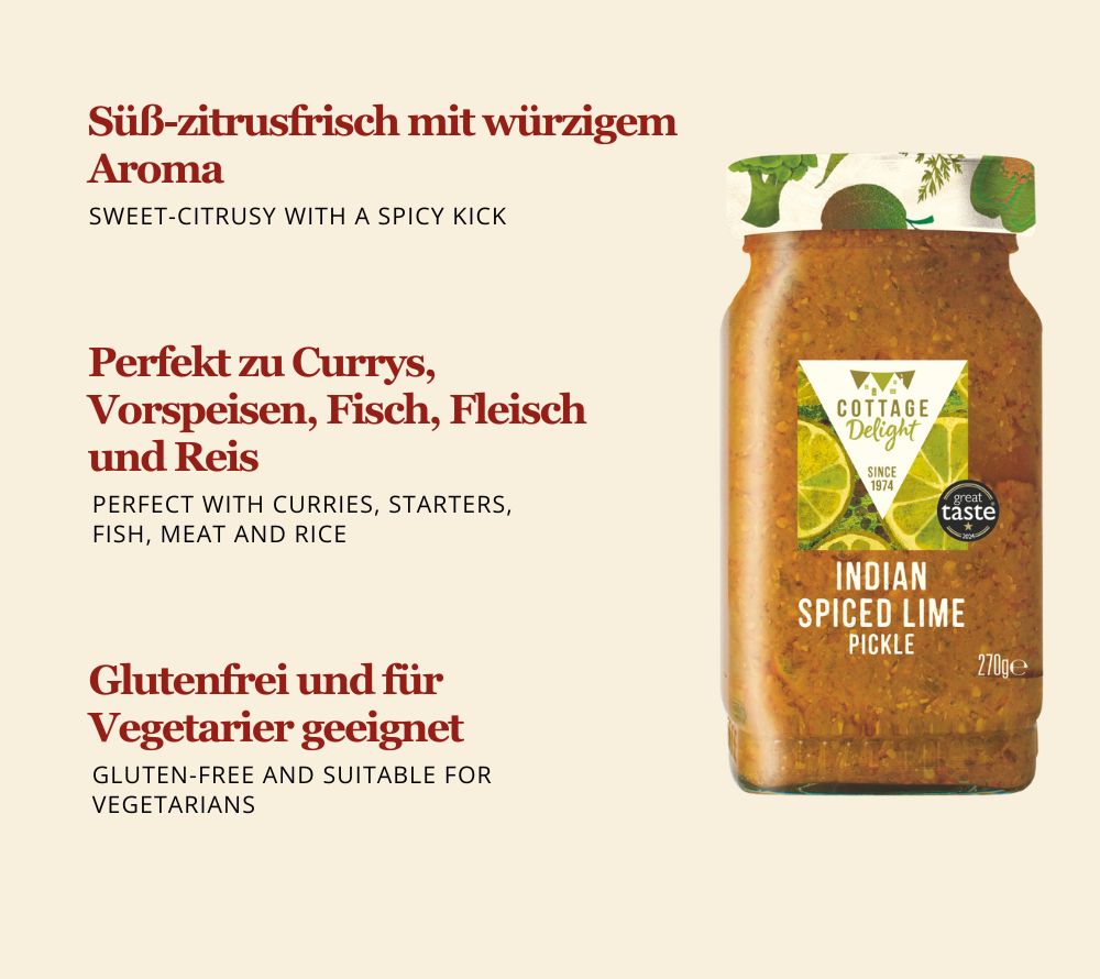 Aromatisches Lime Pickle mit saftigen Limetten und indischen Gewürzen. Süß-zitrusfrisch, würzig und vielseitig einsetzbar. Handgemacht, glutenfrei, vegetarisch.