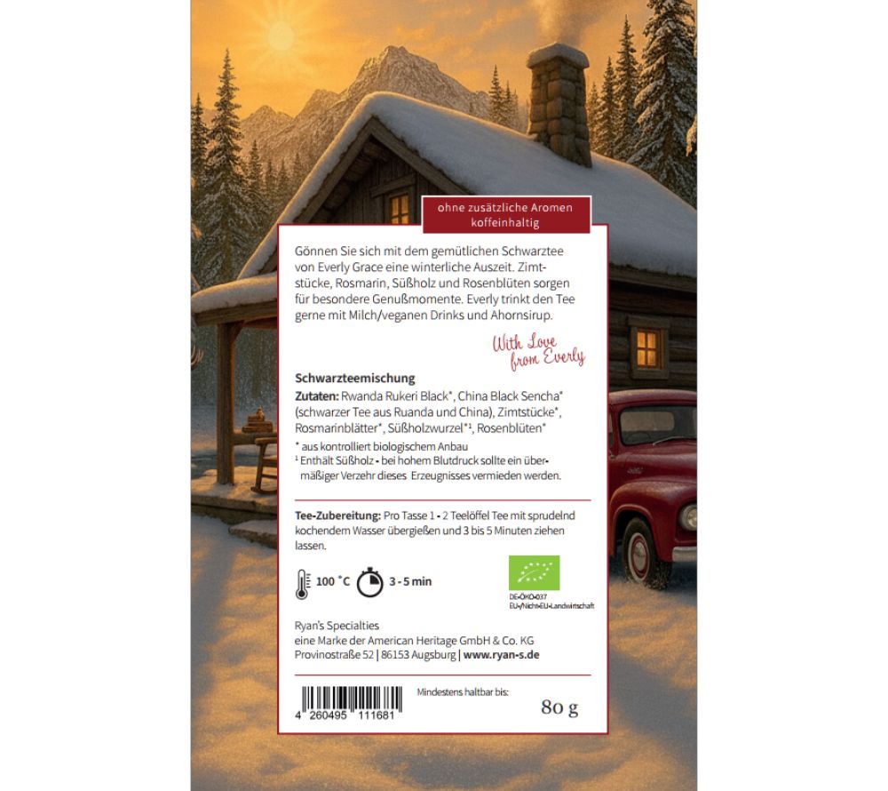 Everly Grace Cozy Winter Moments Tea – Bio-Schwarztee mit Zimt, Rosmarin & Rosenblüten. Perfekt für winterliche Genussmomente & gemütliche Stunden.
