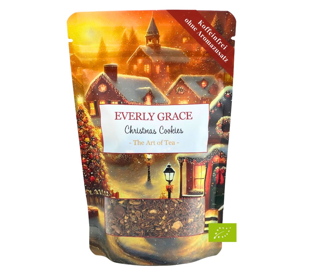 Everly Grace Christmas Cookies Tea – Bio-Rooibus mit Zimt, Ingwer & Nelken. Koffeinfrei, natürlich süß & perfekt für gemütliche Wintermomente.