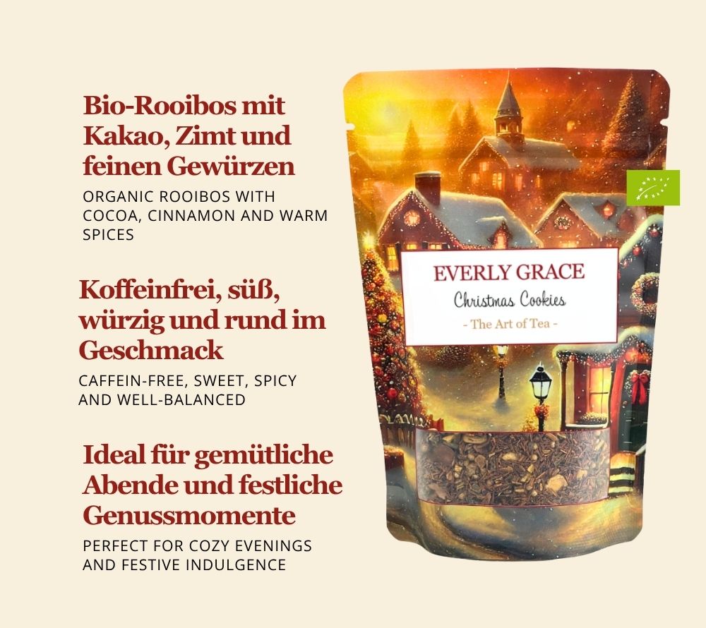 Everly Grace Christmas Cookies Tea – Bio-Rooibus mit Zimt, Ingwer & Nelken. Koffeinfrei, natürlich süß & perfekt für gemütliche Wintermomente.