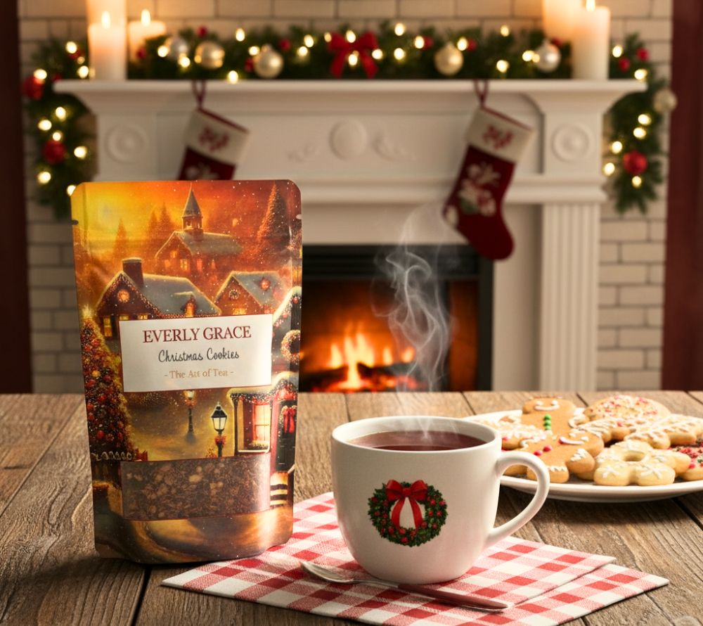Everly Grace Christmas Cookies Tea – Bio-Rooibus mit Zimt, Ingwer & Nelken. Koffeinfrei, natürlich süß & perfekt für gemütliche Wintermomente.
