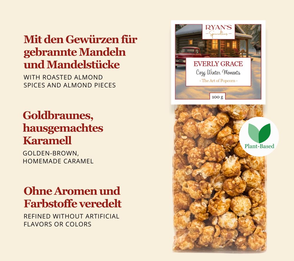 Everly Grace Cozy Winter Moments Popcorn – handgefertigt in Augsburg, mit Karamell & Mandeln. Der süße Geschmack von Winterglück für Ihr Sortiment.