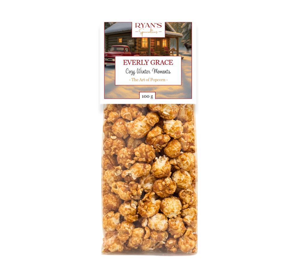 Everly Grace Cozy Winter Moments Popcorn – handgefertigt in Augsburg, mit Karamell & Mandeln. Der süße Geschmack von Winterglück für Ihr Sortiment.