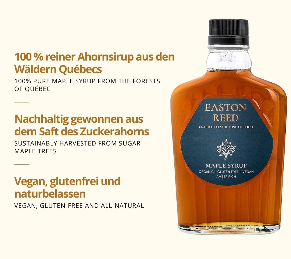Amber Maple Syrup als Freistellerbild mit jeweils 3 Fakten auf deutsch und auf englisch