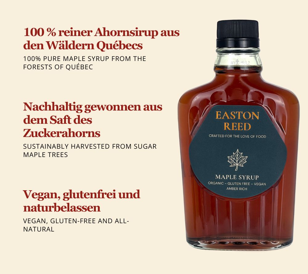 Easton Reed Maple Syrup Grade A Amber Rich: 100 % reiner Ahornsirup aus Québec. Mild, vollmundig & vielseitig – nachhaltig, vegan & natürlich.