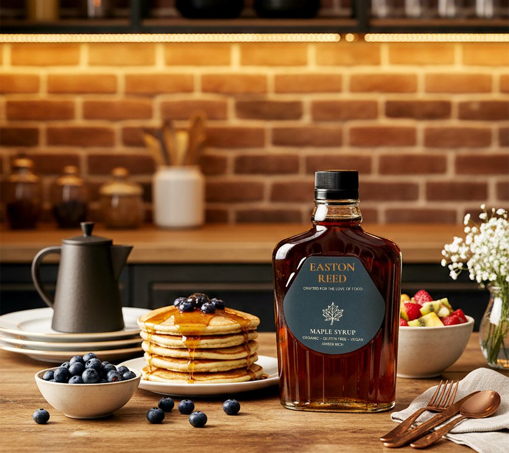 Easton Reed Maple Syrup Grade A Amber Rich: 100 % reiner Ahornsirup aus Québec. Mild, vollmundig & vielseitig – nachhaltig, vegan & natürlich.