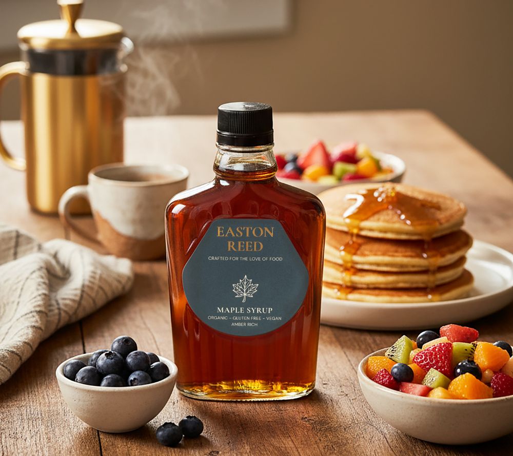 Easton Reed Maple Syrup Grade A Amber Rich: 100 % reiner Ahornsirup aus Québec. Mild, vollmundig & vielseitig – nachhaltig, vegan & natürlich.