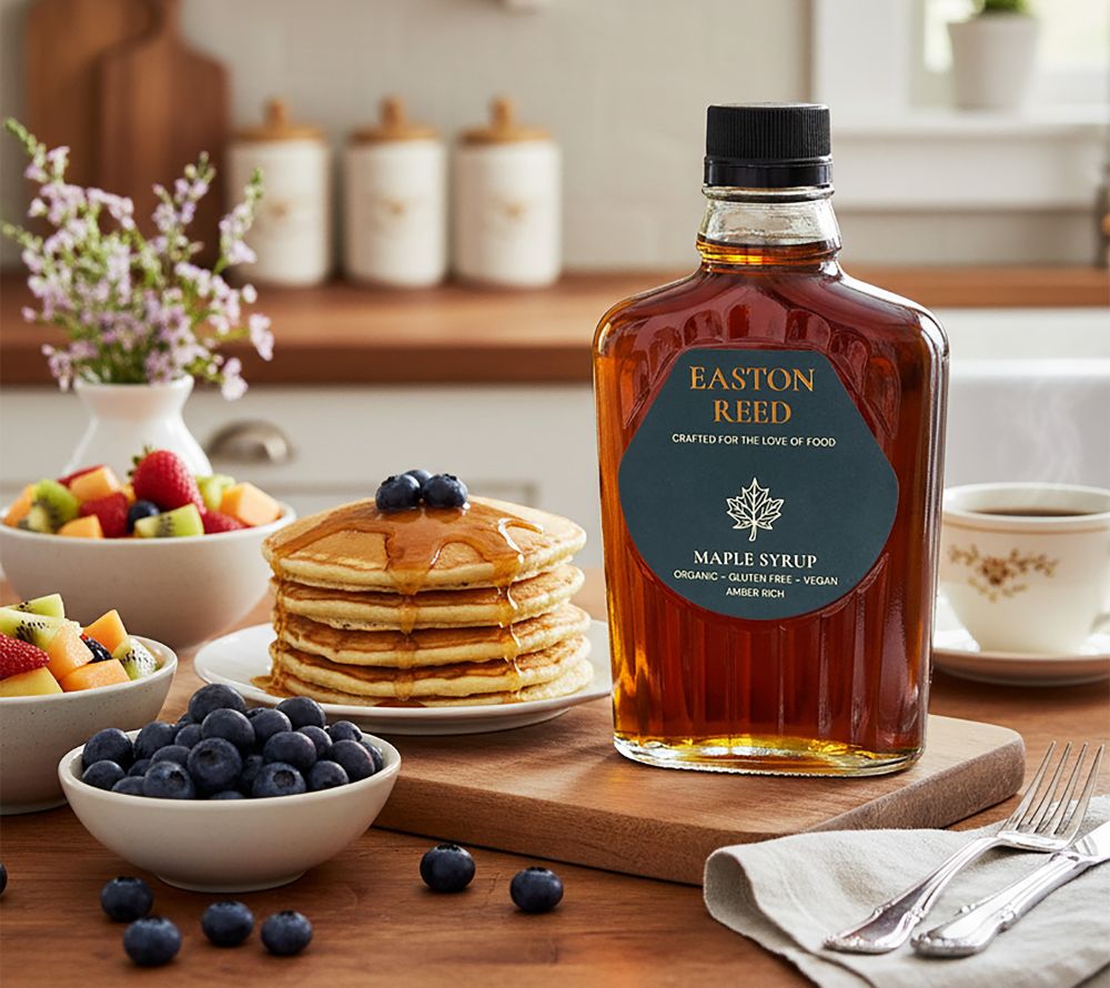 Easton Reed Maple Syrup Grade A Amber Rich: 100 % reiner Ahornsirup aus Québec. Mild, vollmundig & vielseitig – nachhaltig, vegan & natürlich.