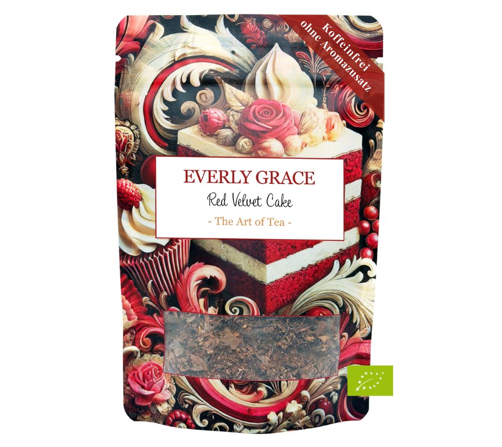 Everly Grace Red Velvet Tea – lose Bio-Tee-Komposition mit feinen Kakaonoten, warmen Gewürzen und dezenter Süße, inspiriert von klassischer amerikanischer Genusskultur, stilvoll für das B2B-Sortiment präsentiert.