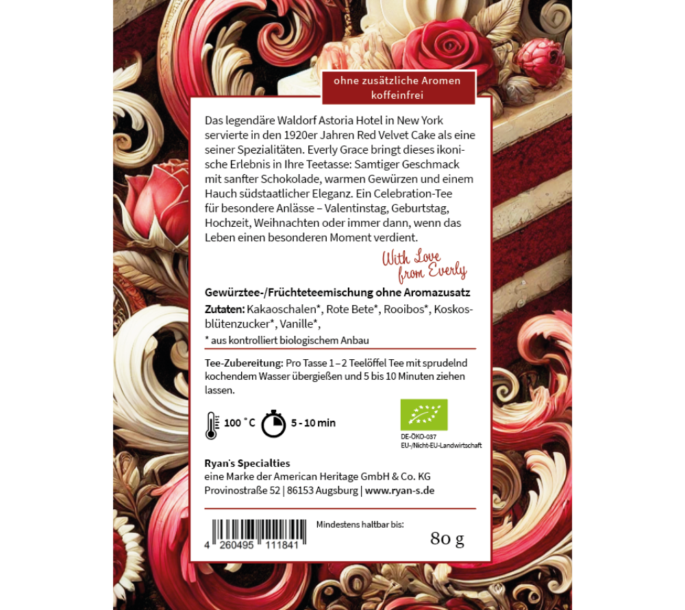 Everly Grace Red Velvet Tea – lose Bio-Tee-Komposition mit feinen Kakaonoten, warmen Gewürzen und dezenter Süße, inspiriert von klassischer amerikanischer Genusskultur, stilvoll für das B2B-Sortiment präsentiert.