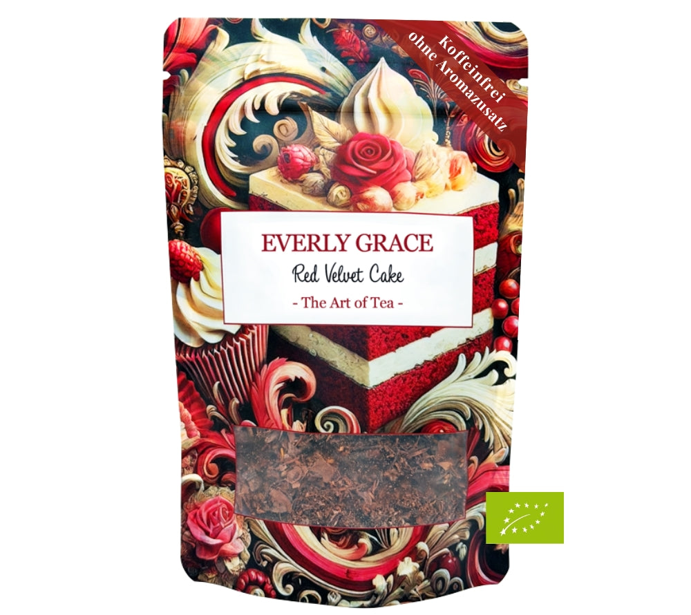 Everly Grace Red Velvet Tea – lose Bio-Tee-Komposition mit feinen Kakaonoten, warmen Gewürzen und dezenter Süße, inspiriert von klassischer amerikanischer Genusskultur, stilvoll für das B2B-Sortiment präsentiert.