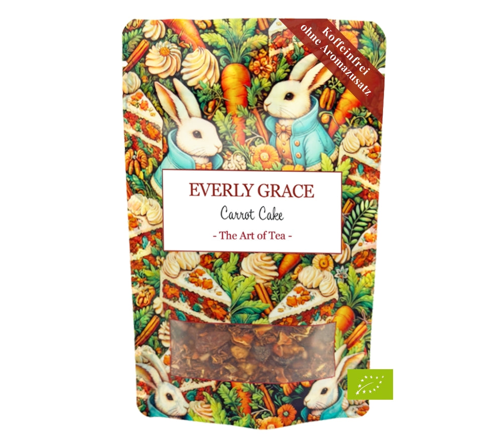 Everly Grace Carrot Cake Tea – lose Bio-Tee-Komposition aus Rooibos, Karotte, Apfel, Kakaoschalen & Gewürzen für weiche, warme Genussmomente.