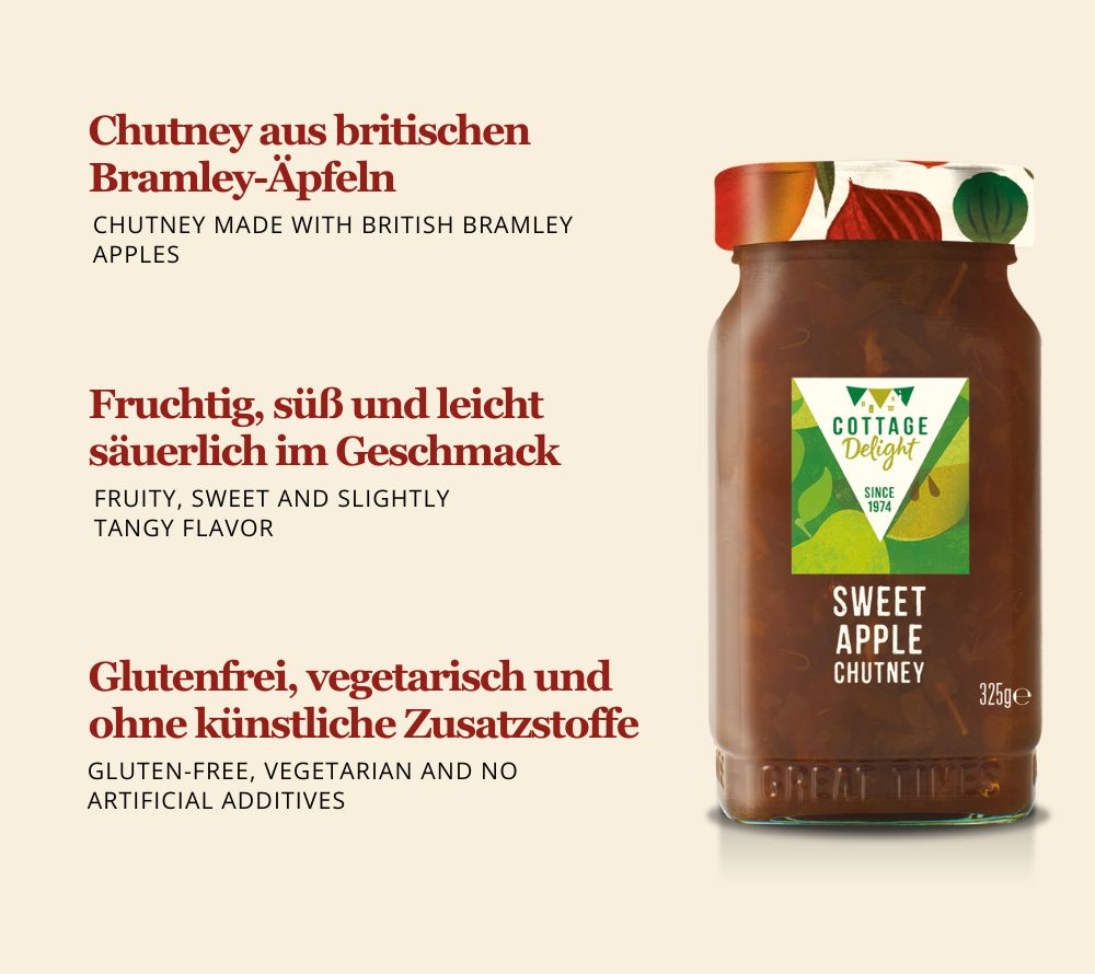 Sweet Apple Chutney von Cottage Delight: Fruchtig-würzig mit Bramley-Äpfeln. Perfekt zu Käse, Fleisch & mehr. Glutenfrei, vielseitig und traditionell hergestellt.